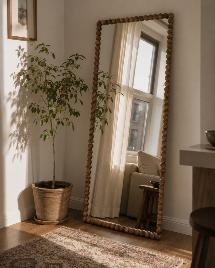 Large leaning mirror in a studio apartment