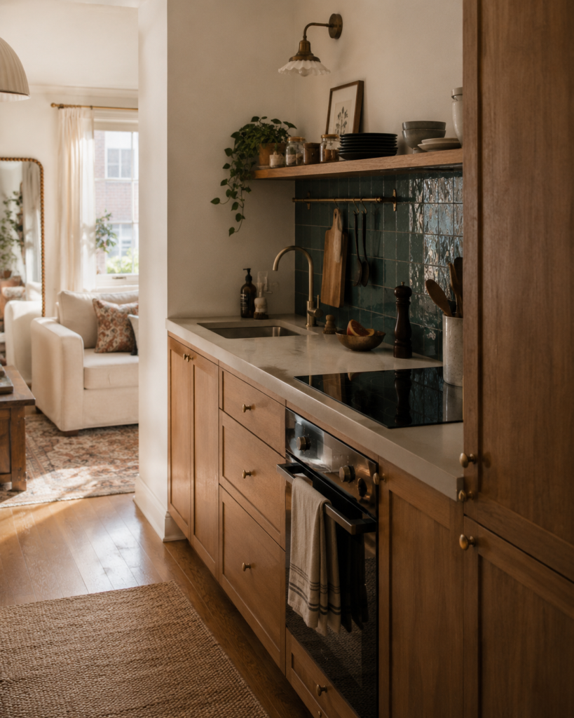 Galley kitchen one room apartment layout, narrow kitchen along one wall of a studio apartment with warm wood cabinetry and a deep teal backsplash tile accent