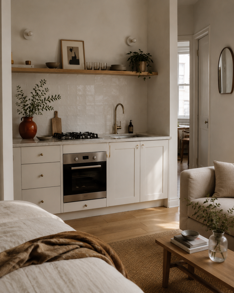 Very small open plan kitchen living room idea: a one-wall kitchen with open wooden shelving, warm white cabinetry, and a burnt-orange ceramic vase on the counter