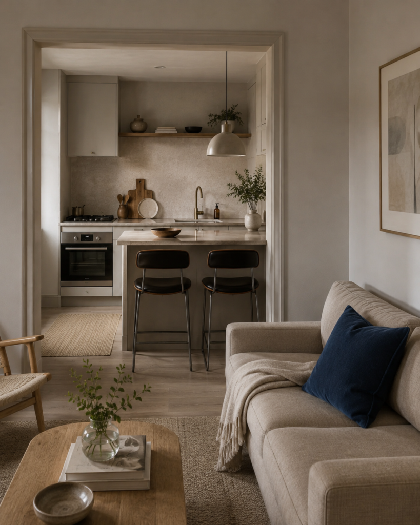 Very small open plan kitchen living room idea: sightline from the living area into the open kitchen, unified in a cream and warm sand palette with a deep cobalt-blue cushion accent.