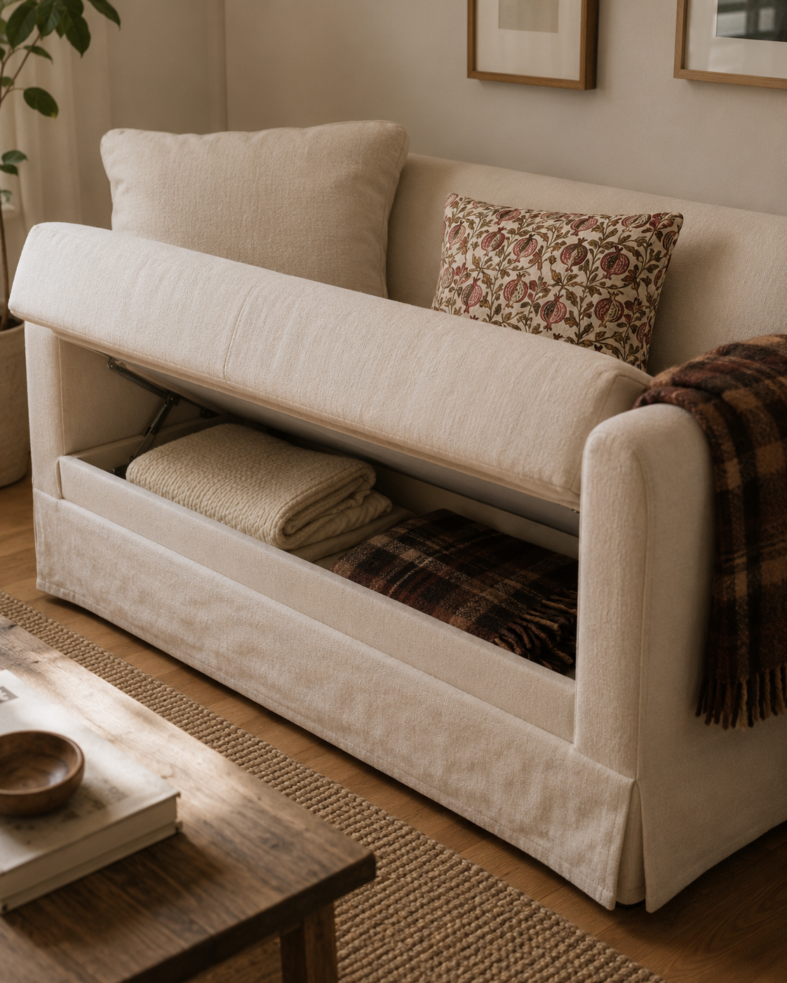 How to furnish a studio apartment on a budget storage sofa with one cushion lifted to show hidden storage underneath, styled with a rust-orange throw folded on the arm.
