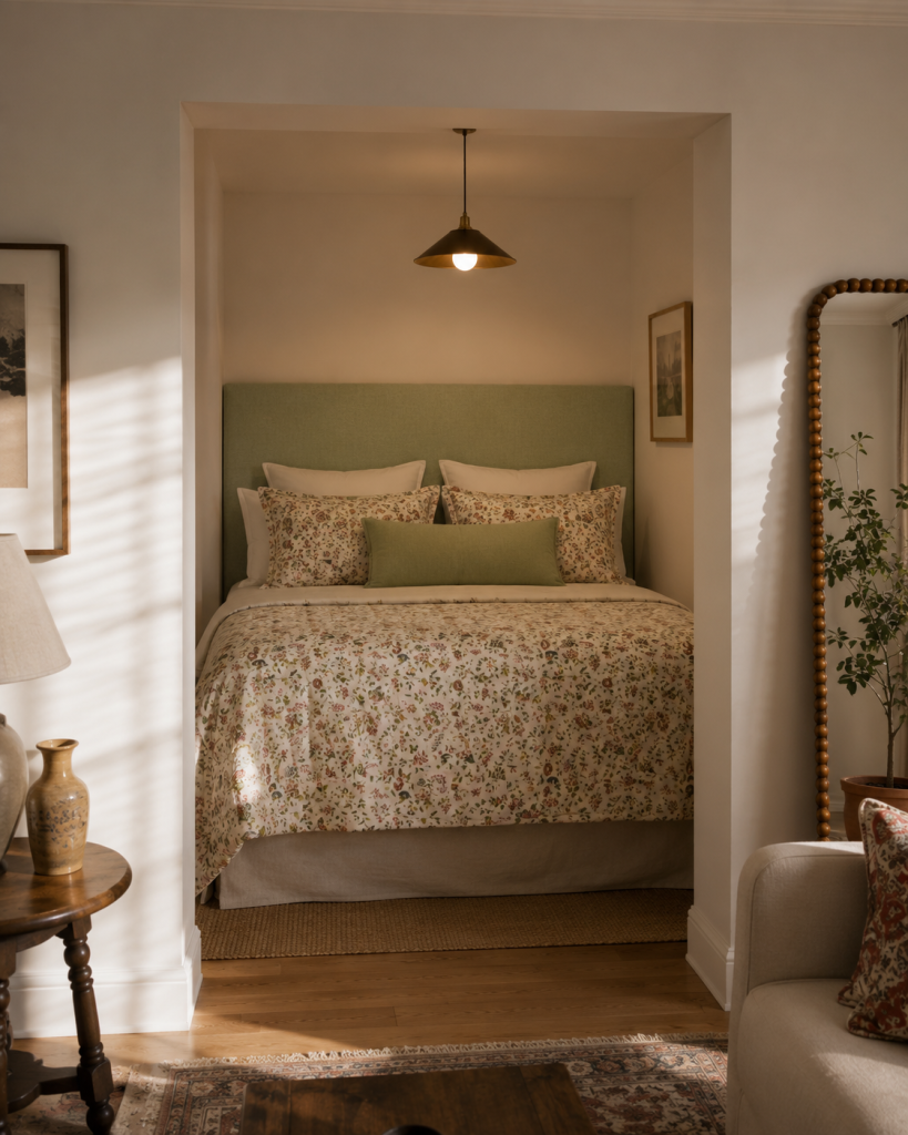 Alcove one room apartment layout, sleeping nook behind a partial wall with a made bed in cream linens and a mustard-gold throw blanket, warm pendant lighting