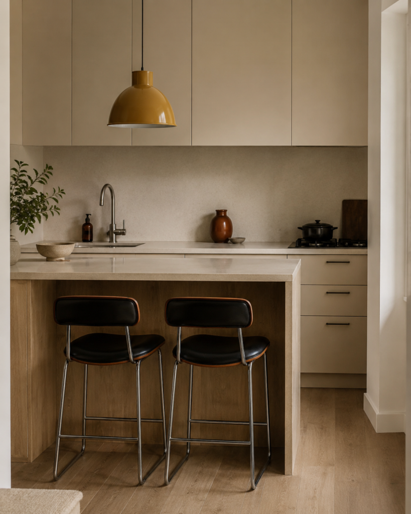 Very small open plan kitchen living room idea: slim bar stools tucked under the counter, saving floor space, with a mustard-yellow pendant light above