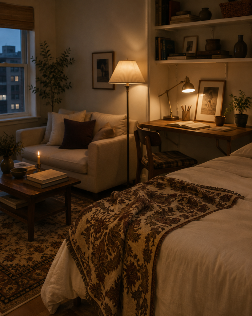 Tiny studio apartment at dusk with layered floor lamp, desk task lamp, and warm ambient light, a mustard-yellow throw blanket accent