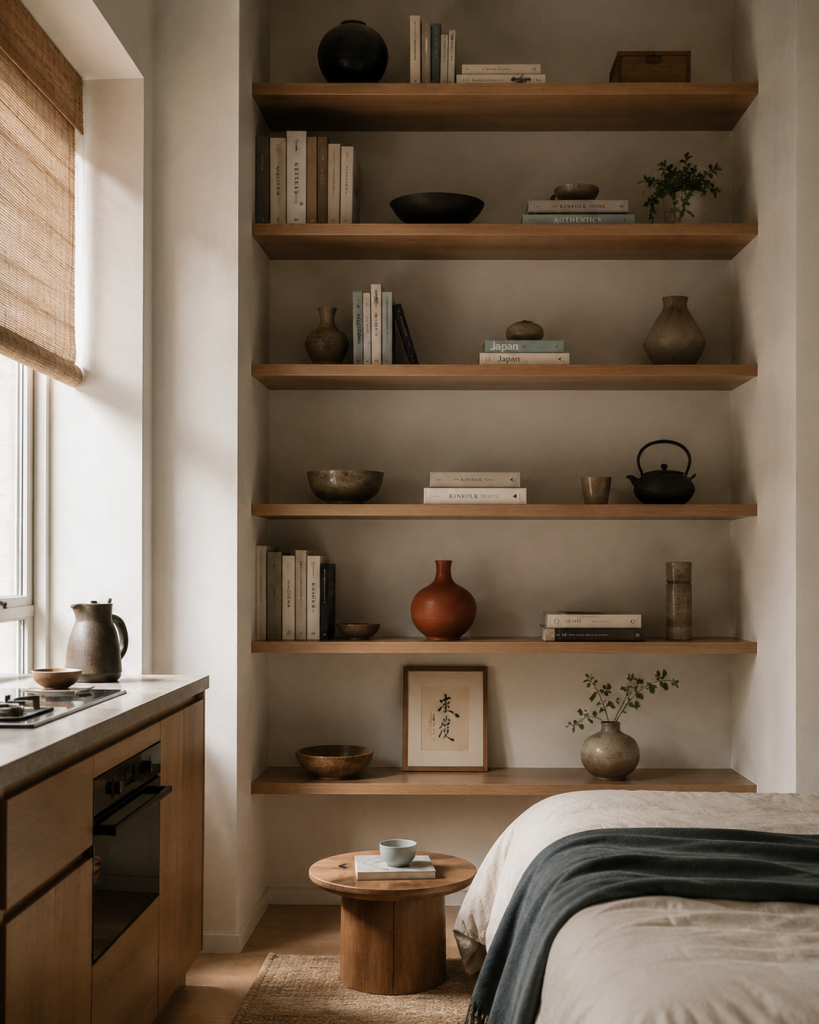 Tall open shelving reaching above eye level in a tiny studio apartment, styled with books and a terracotta-orange ceramic vase