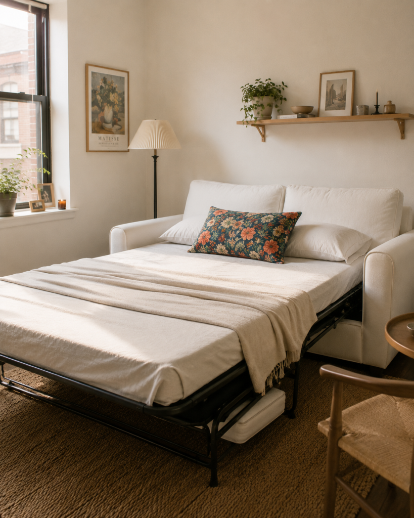 How to furnish a studio: a compact sleeper sofa in a small living area