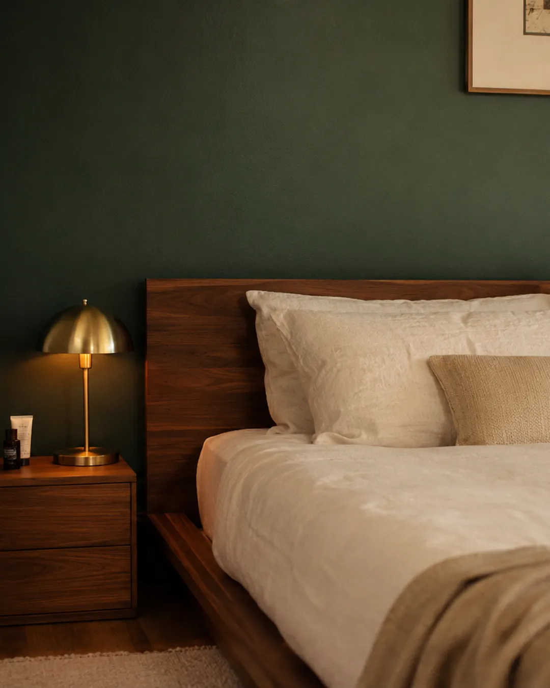 Deep forest green accent wall behind a platform bed with warm wood nightstand