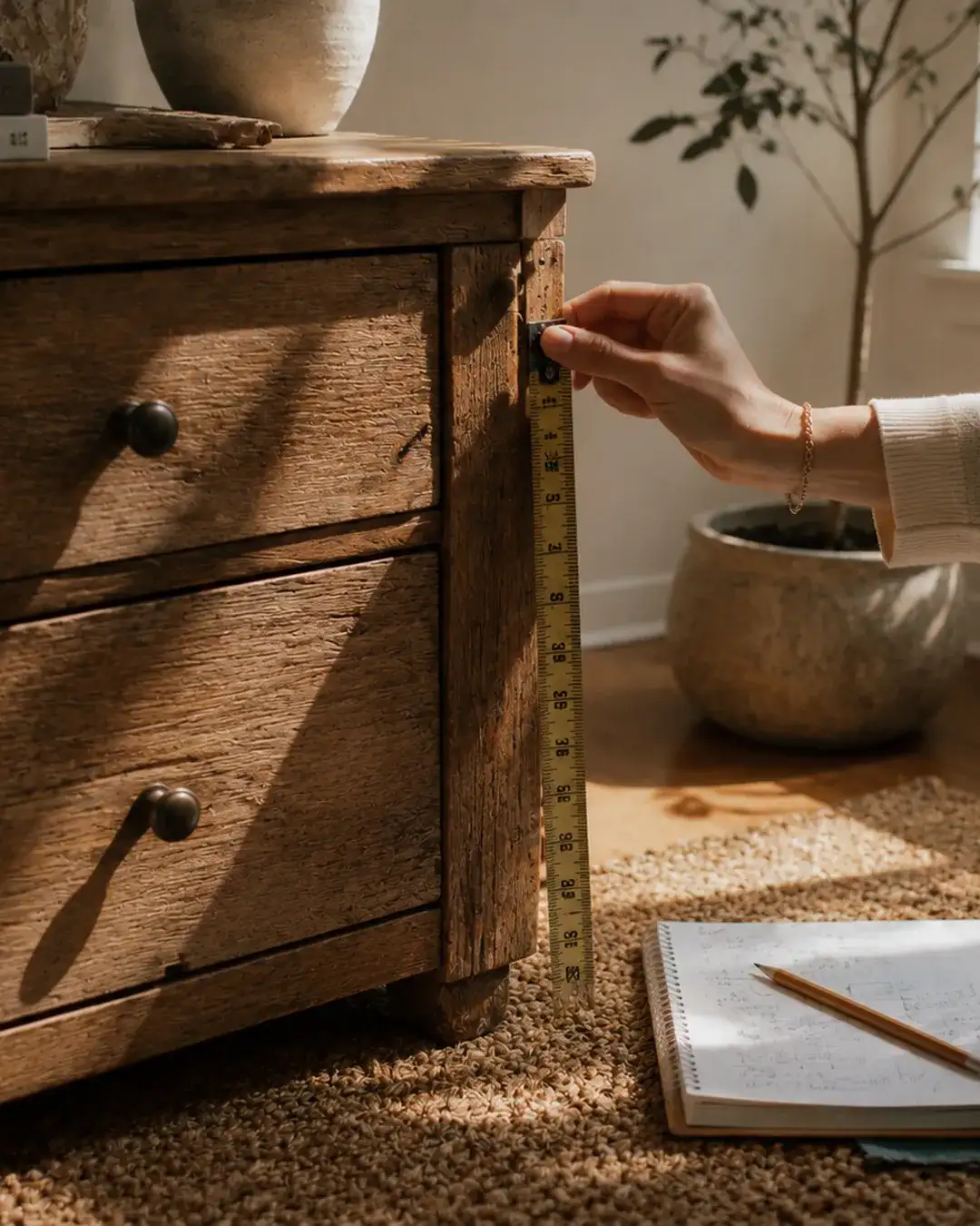 Hand measuring a secondhand wooden dresser with a tape measure, notepad nearby
