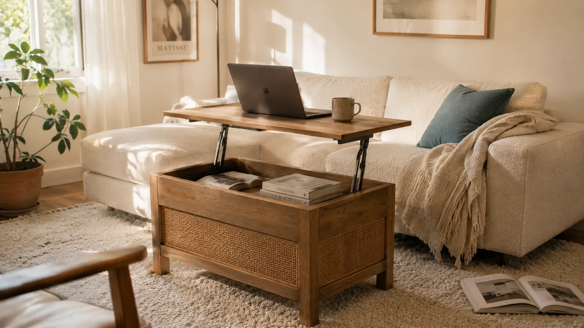 Lift-top coffee table raised to desk height with a laptop and mug, in front of a cream sofa in a small living room