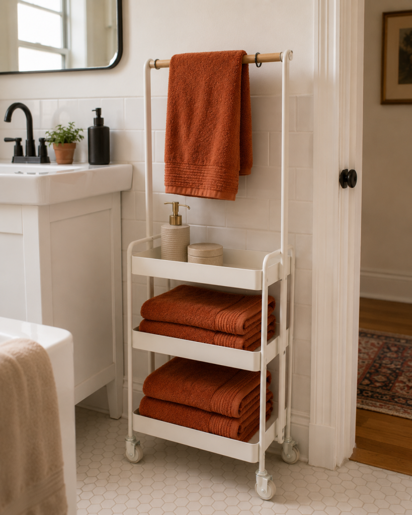lim rolling storage cart doubling as a towel rack in a studio apartment
