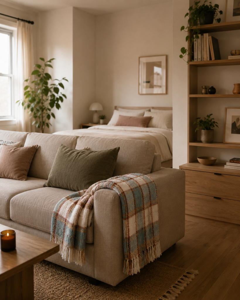 Decorating a 400 square foot studio apartment: a low sofa with its back to the bed, creating a visual divide between sleeping and living zones