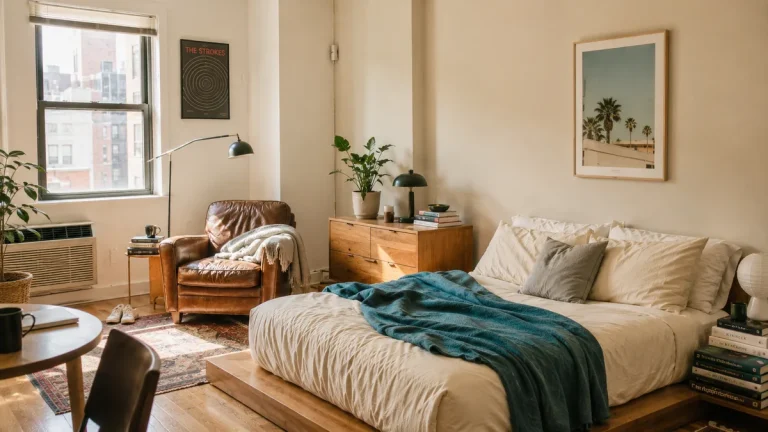 Man's studio apartment with platform bed, forest green accent wall, and leather armchair by the window