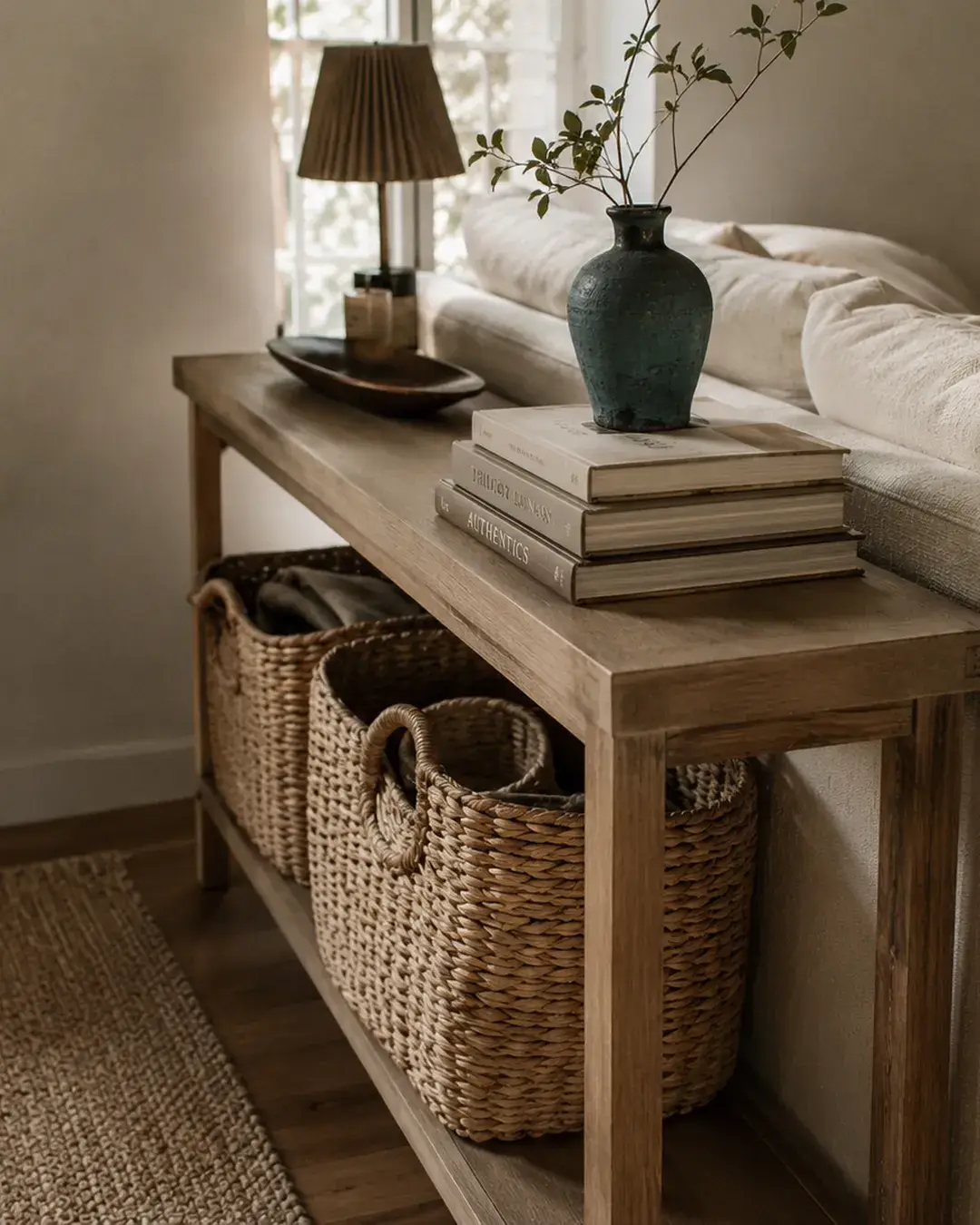 Narrow console table behind a sofa with woven storage baskets, books, and a vase