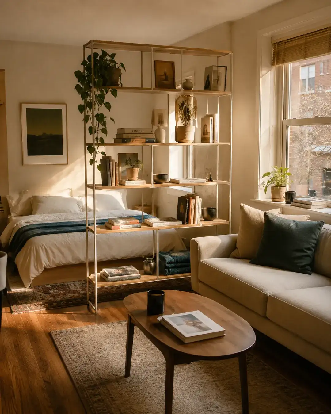 Slim shelving unit dividing a studio apartment into sleeping and seating zones
