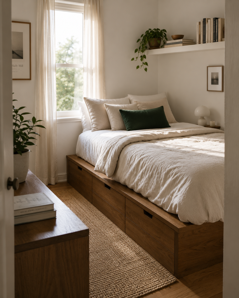 Space-saving bed frame with built-in storage for a one-room apartment