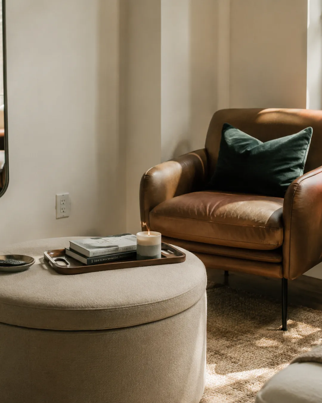 Storage ottoman used as a coffee table in front of a leather armchair with a large mirror