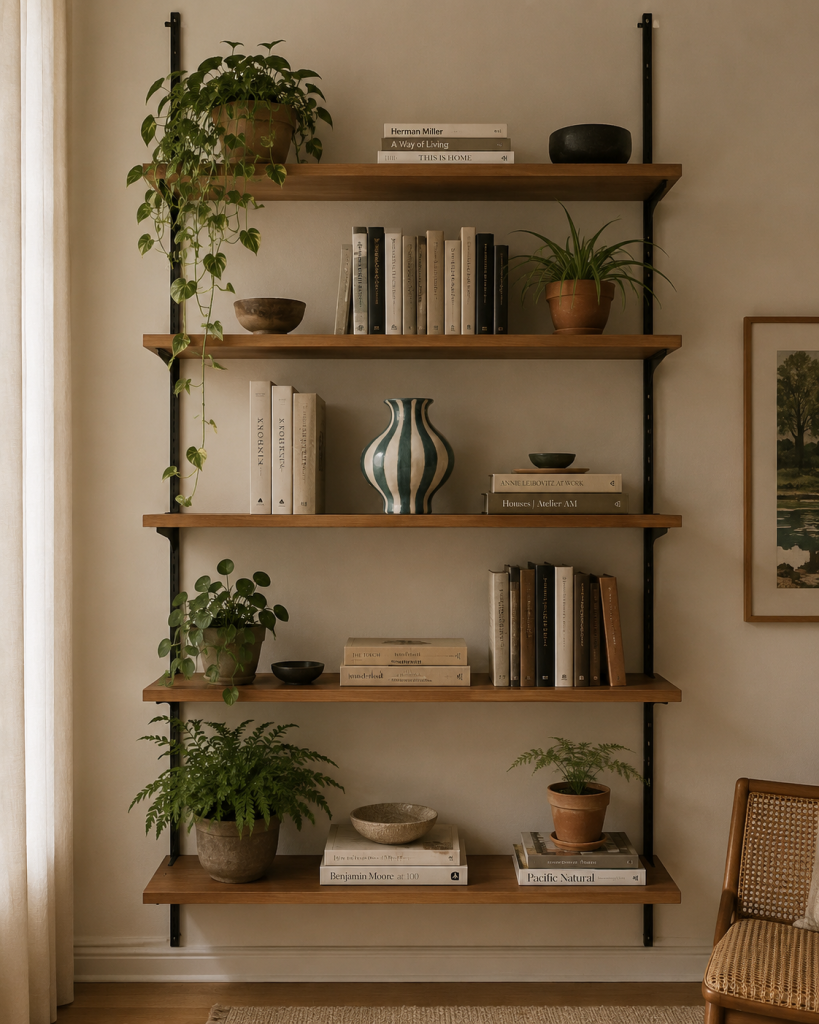Decorating a 400 square foot studio apartment: wall-mounted shelving climbing above a desk, with plants and art hung at eye level and above