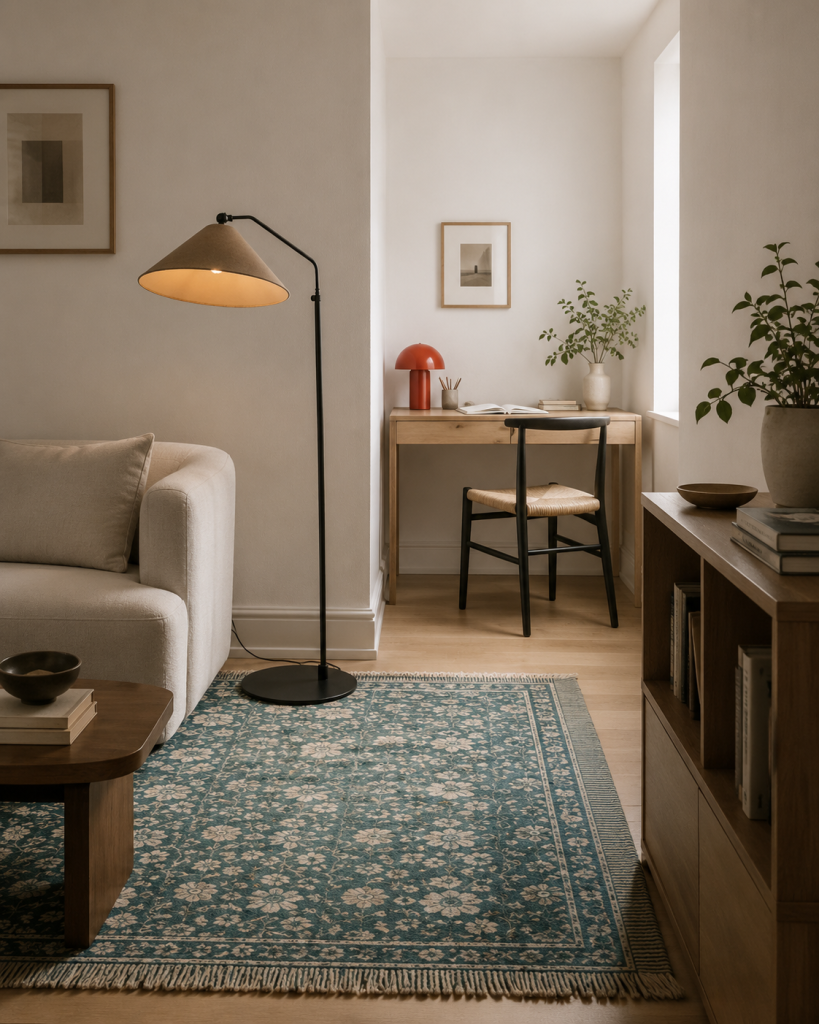 How to set up a one room apartment: a rug marking off the sleeping zone from the living area